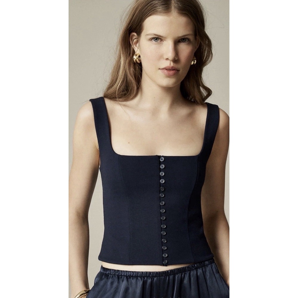 J.Crew Navy Solid Bustier Corset Top Button Front Wide Straps Size M